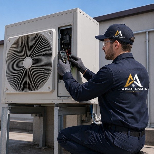 Apna Admin technician servicing an outdoor HVAC unit