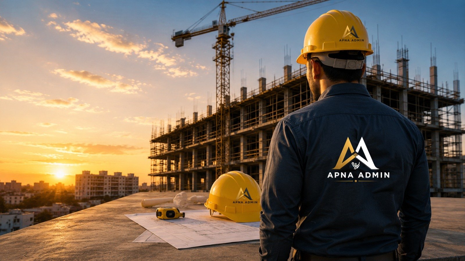 Apna Admin site supervisor overlooking a construction project at sunset