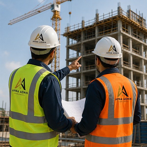 Apna Admin site supervisors reviewing a building under construction