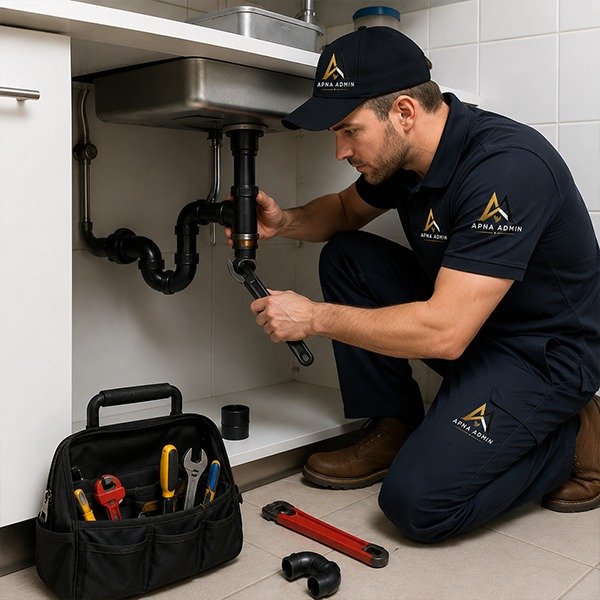 Apna Admin plumber repairing pipework under a sink