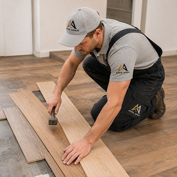 Apna Admin technician installing wood flooring