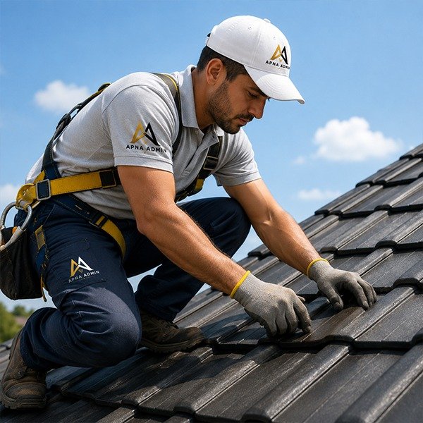 Apna Admin technician on a tiled roof