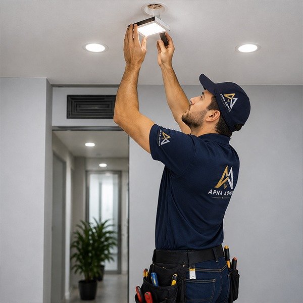 Apna Admin electrician installing a ceiling light fixture