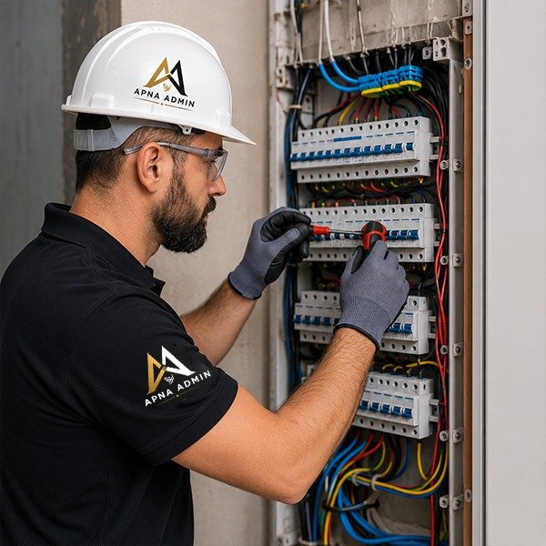 Apna Admin electrician servicing a distribution panel