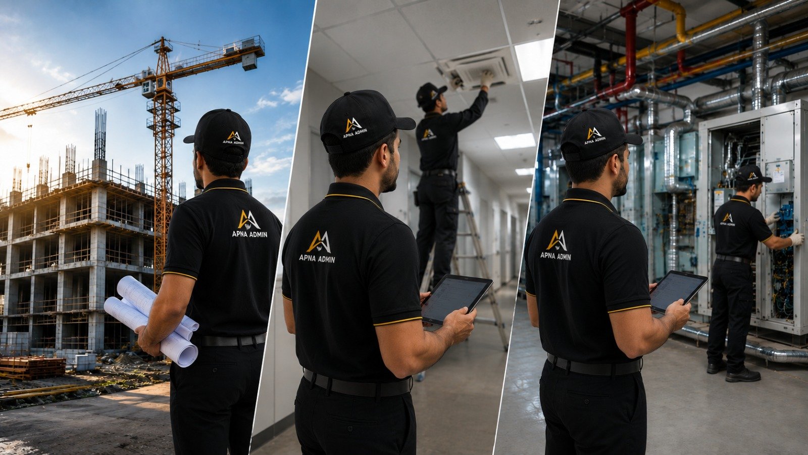 Multi-trade team delivering construction, HVAC and electrical work