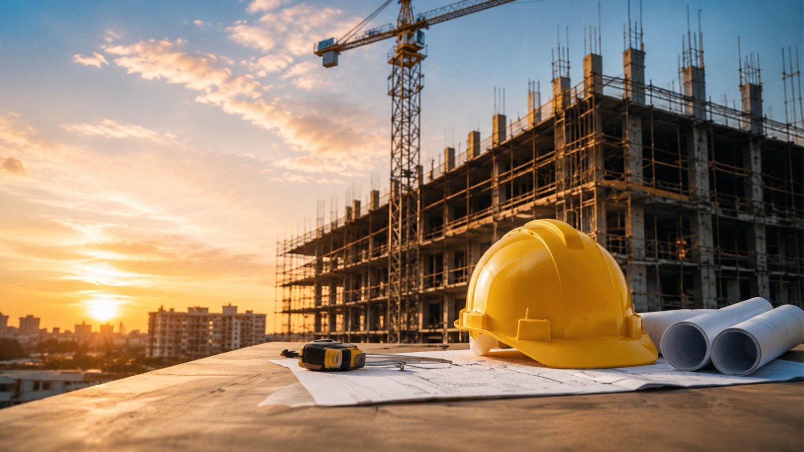 Construction planning with blueprints and hard hat on site