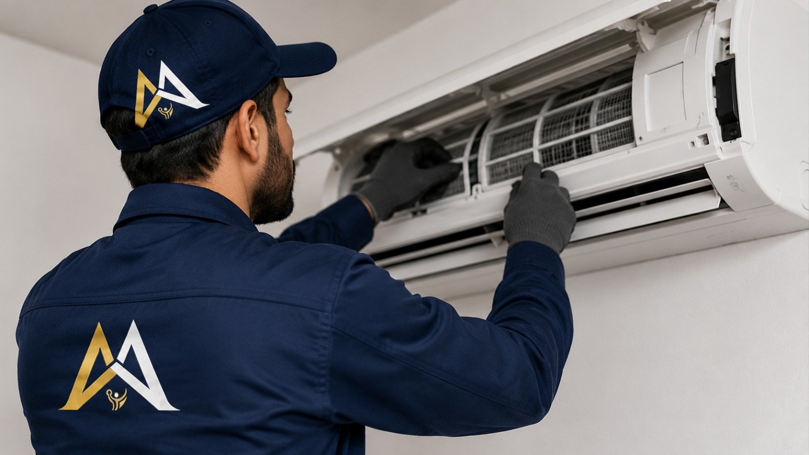 Apna Admin technician servicing an indoor HVAC unit